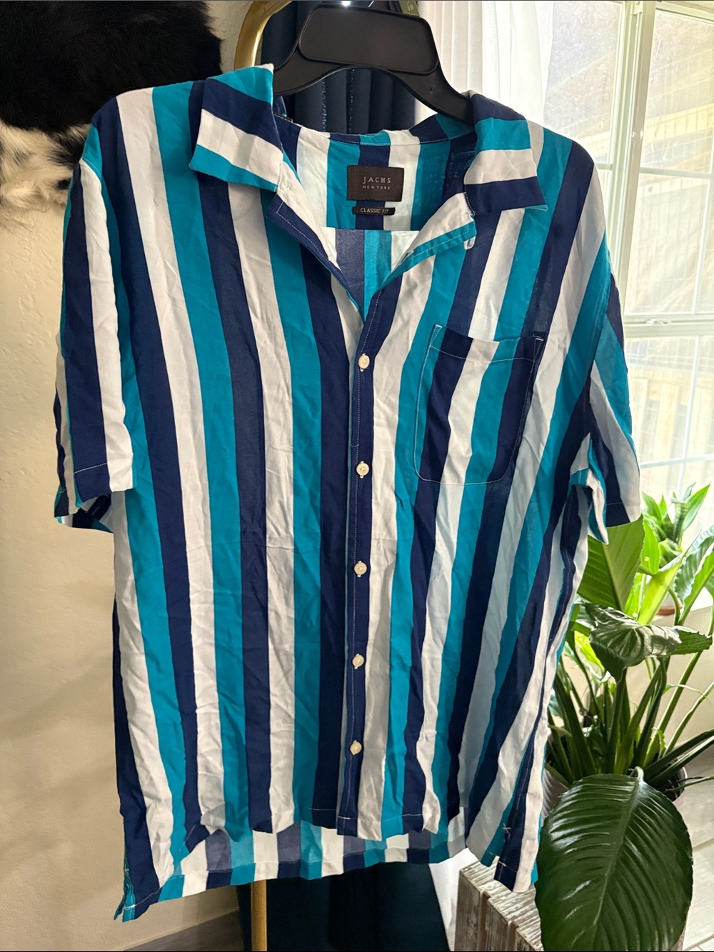 Jachs Men’s Teal Navy White Vertical Stripe Short Sleeve Button Shirt